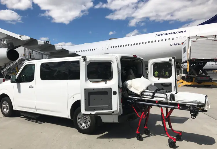 Eastern Royal Medical Transport crew coach staged for a cross-country care move